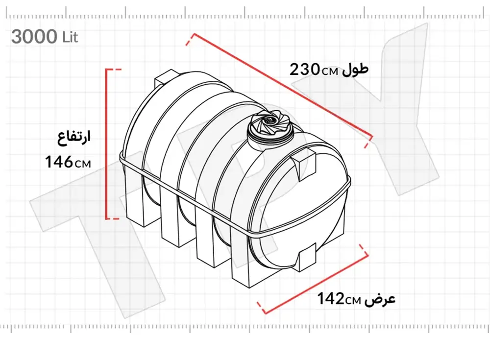 ابعاد و اندازه مخزن آب 3000 لیتری افقی